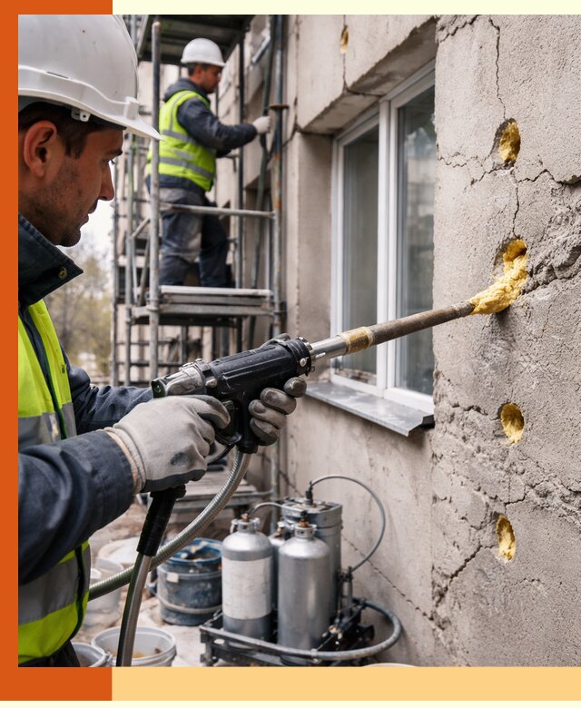 Заполнение пустот в фасаде и утепление стен в Ленинске-Кузнецком